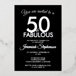 50 and Fabulous Modern Black Silver 50th Birthday 箔招待状