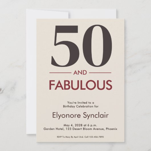 50 And Fabulous Modern Cherry Wine 50th Birthday 招待状 (正面)