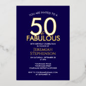 50 and Fabulous Modern Navy Gold 50th Birthday 箔招待状 (正面)