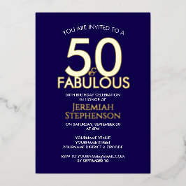 50 and Fabulous Modern Navy Gold 50th Birthday 箔招待状