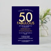 50 and Fabulous Modern Navy Gold 50th Birthday 箔招待状 (立ち正面)