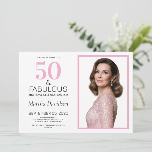 50 and Fabulous Pink 50th Birthday 招待状 (スタンド正面)