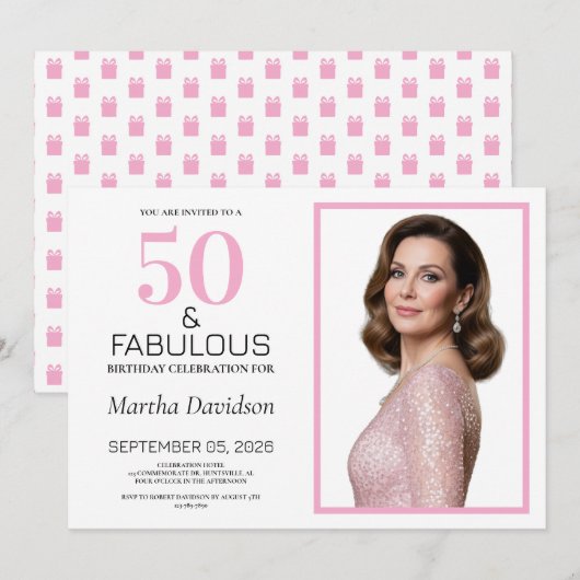 50 and Fabulous Pink 50th Birthday 招待状 (正面/裏面)