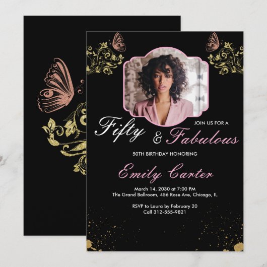 50 and Fabulous Pink 50th Birthday Party 招待状 (正面/裏面)