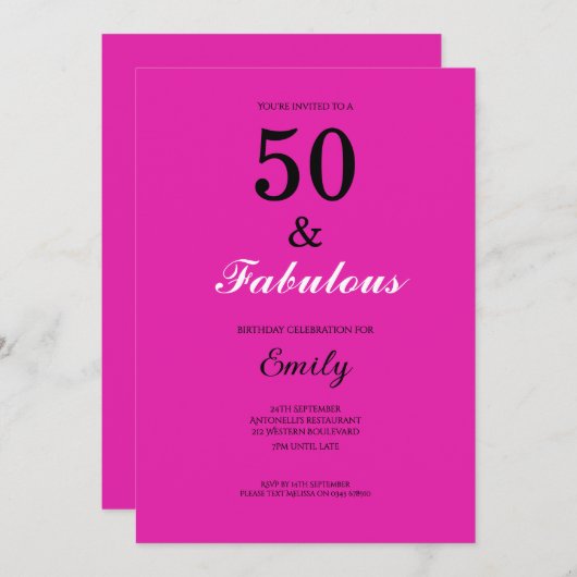 50 and Fabulous Pink Birthday 招待状 (正面/裏面)