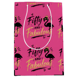 50 and fabulous pink flamingo 50th birthday ミディアムペーパーバッグ