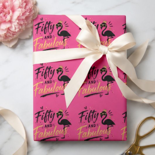 50 and fabulous pink flamingo 50th birthday ラッピングペーパー