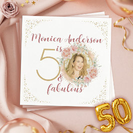  50 and Fabulous Pink Floral Gold Photo Birthday スタンダードカクテルナプキン