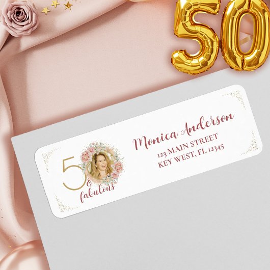 50 and Fabulous Pink Floral Gold Photo Birthday ラベル