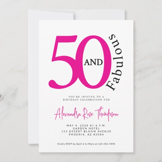 50 and Fabulous Pink Script 50th Birthday Party 招待状 (正面)