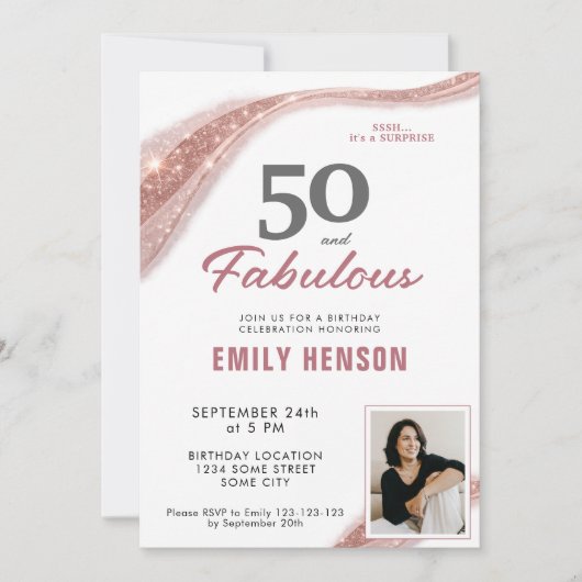 50 and Fabulous Rose Gold 50th Birthday 招待状 (正面)