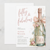 50 and Fabulous Rose Gold Script 50th Birthday 招待状 (正面/裏面)