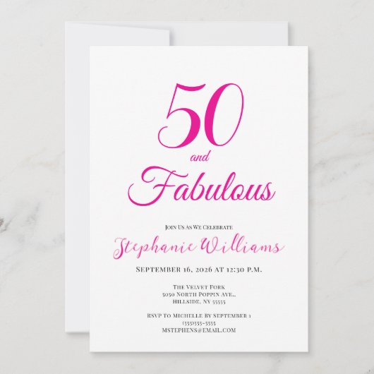 50 and Fabulous Script Pink 50th Birthday Party 招待状 (正面)