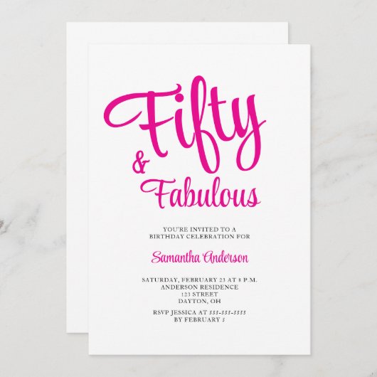 50 and Fabulous Script Pink 50th Birthday Party  招待状 (正面/裏面)