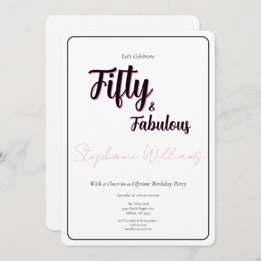 50 and Fabulous Script Pink 50th Birthday Party 招待状 (正面/裏面)
