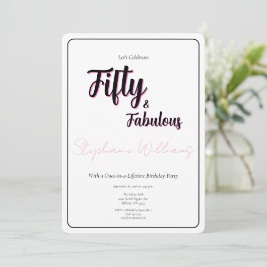 50 and Fabulous Script Pink 50th Birthday Party 招待状 (スタンド正面)