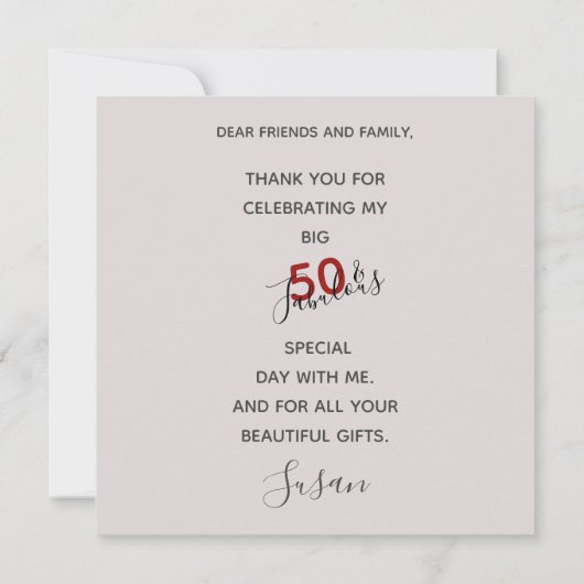 50 Fabエレガント誕生日フォトスクリプトレッド誕生日 サンキューカード (裏面)