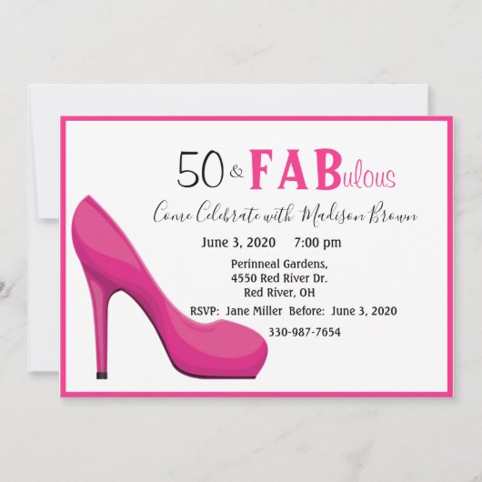 50 & Fab 50と素晴らしいピンクのハイヒール 招待状 (正面)