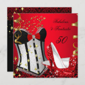 50 & Fabulousファンタスティックレッドブラック金ゴールド誕生日2 招待状 (正面/裏面)