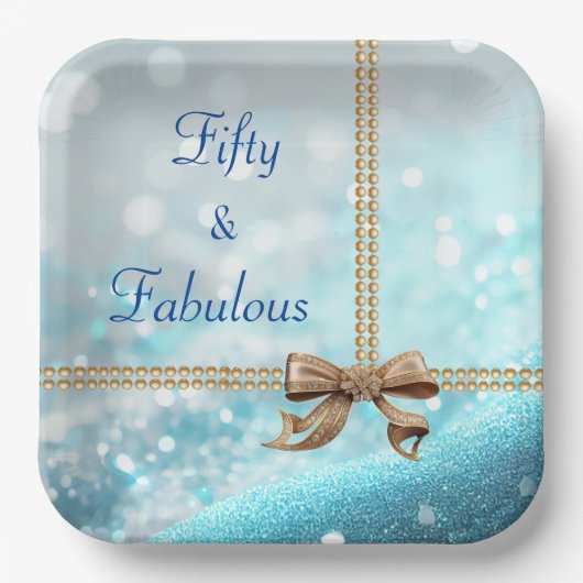 50 & Fabulousフォトブルー金ゴールドボウ50誕生日 ペーパープレート (正面)