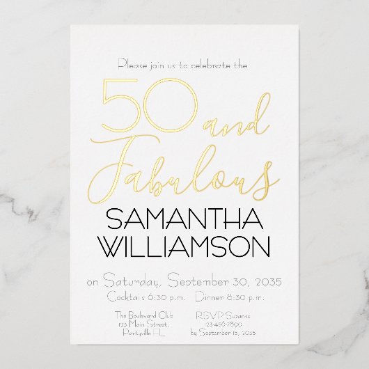 50 & Fabulous 50th Birthday Party Black Elegant 箔招待状 (正面)