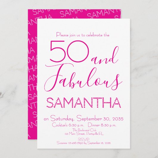 50 & Fabulous 50th Birthday Party Pink Elegant 招待状 (正面/裏面)