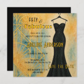 50 Fabulous Black Gold Art Deco Save The Date Card セーブザデート (正面/裏面)