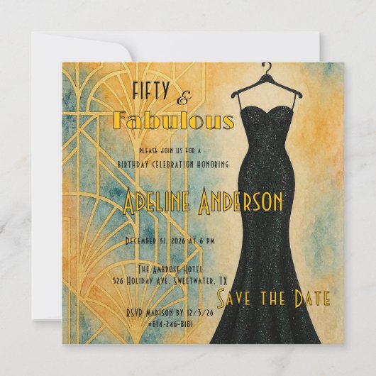50 Fabulous Black Gold Art Deco Save The Date Card セーブザデート (正面)