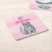 50 & Fabulous Cat, Pink and Gray, 50誕生日 スクエアペーパーコースター (アングル)