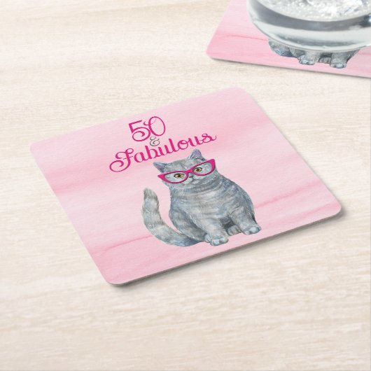 50 & Fabulous Cat, Pink and Gray, 50誕生日 スクエアペーパーコースター (アングル)
