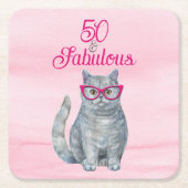 50 & Fabulous Cat, Pink and Gray, 50誕生日 スクエアペーパーコースター (正面)
