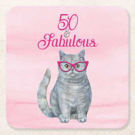 50 & Fabulous Cat, Pink and Gray, 50誕生日 スクエアペーパーコースター
