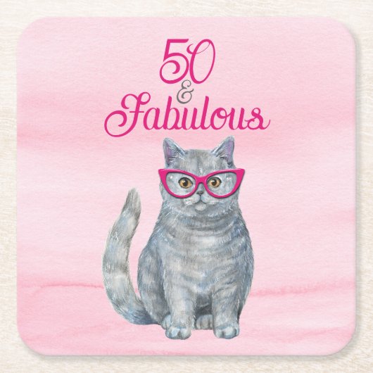 50 & Fabulous Cat, Pink and Gray, 50誕生日 スクエアペーパーコースター (正面)