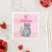 50 & Fabulous Cat, Pink and Gray, 50誕生日 スタンダードカクテルナプキン (インサイチュ)
