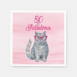 50 & Fabulous Cat, Pink and Gray, 50誕生日 スタンダードカクテルナプキン