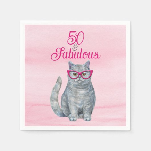 50 & Fabulous Cat, Pink and Gray, 50誕生日 スタンダードカクテルナプキン (正面)