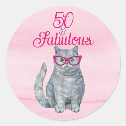 50 & Fabulous Cat, Pink and Gray, 50誕生日 ラウンドシール (正面)