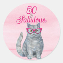 50 & Fabulous Cat, Pink and Gray, 50誕生日