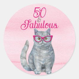 50 & Fabulous Cat, Pink and Gray, 50誕生日 ラウンドシール