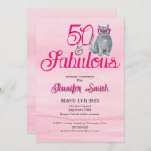 50 & Fabulous Cat, Pink and Gray, 50誕生日 招待状 (正面/裏面)