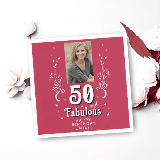 50 & Fabulous Food Magenta 50誕生日写真 スタンダードカクテルナプキン