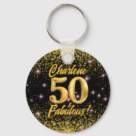 50 Fabulous Gold Glitter Pink Stars 50th Birthday キーホルダー