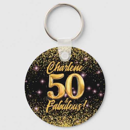 50 Fabulous Gold Glitter Pink Stars 50th Birthday キーホルダー (正面)