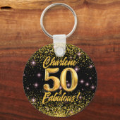 50 Fabulous Gold Glitter Pink Stars 50th Birthday キーホルダー (裏面)