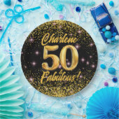 50 Fabulous Gold Glitter Pink Stars 50th Birthday ペーパープレート (パーティー)