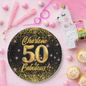 50 Fabulous Gold Glitter Pink Stars 50th Birthday ペーパープレート (パーティー)