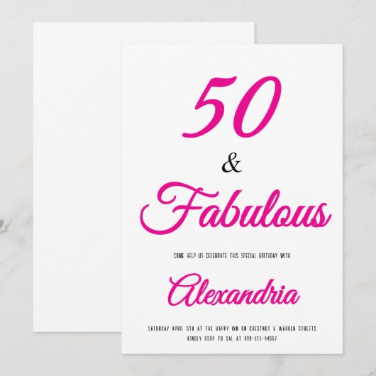  50 & Fabulous Hot Pink Black 50th Birthday  招待状 (正面/裏面)