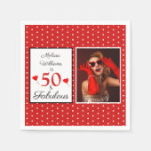 50 & Fabulous Nameフォトレッド50誕生日レッドWH スタンダードカクテルナプキン (正面)