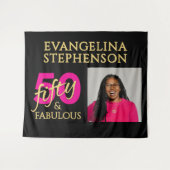 50 Fabulous Photo Black Gold Pink 50th Birthday タペストリー (正面(横))