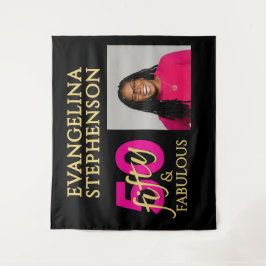 50 Fabulous Photo Black Gold Pink 50th Birthday タペストリー
